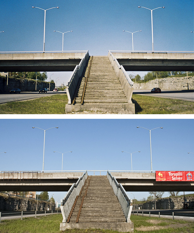 Lasnamäe. Laagna tee Pallasti sild   1998 - trepp on kiirtrammi tulekuks valmis.   2010 - trepile on ülal toru ette keevitatud, et rahvas ilmaasjata trammi ei ootaks.